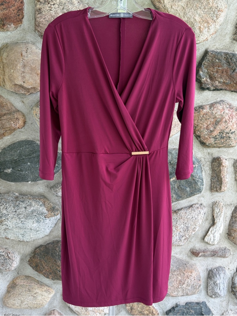 Surplice Midi Dress in Burgundy with Gold Accent